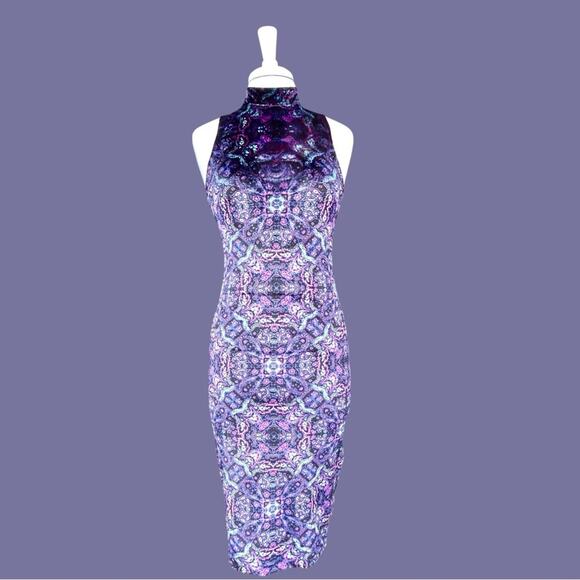 Bodycon Midi Dress Small Velvet Retro Revival 70s Psychedelic Backless High Neck - Picture 1 of 14